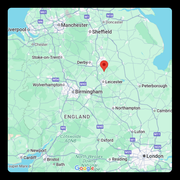 Located near Derby, Nottingham, Leicester Map highlighting FreightPod's location near Loughborough, UK, with surrounding areas and main roads marked.