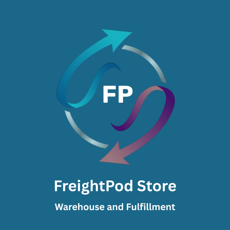 Logo for FreightPod Store with arrows and the text "Warehouse and Fulfillment". Logo for FreightPod Store with arrows and the text "Warehouse and Fulfillment".