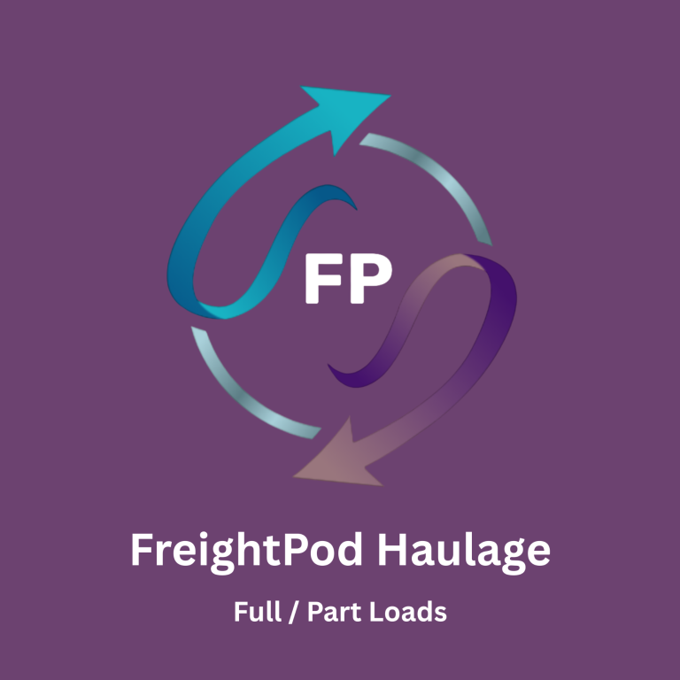 Logo for FreightPod Haulage with arrows and "FP", indicating full and part loads. Logo for FreightPod Haulage with arrows and "FP", indicating full and part loads.