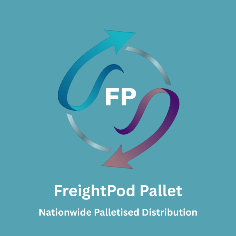 Logo for FreightPod Pallet, featuring stylised arrows and the text "Nationwide Palletised Distribution." Logo for FreightPod Pallet, featuring stylised arrows and the text "Nationwide Palletised Distribution."